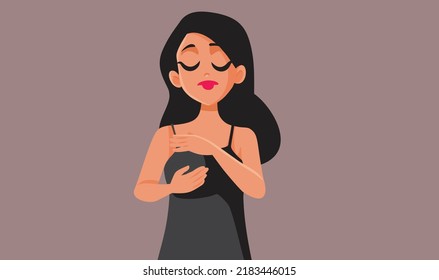 
Woman Suffering from Premenstrual Syndrome Feeling Sore Vector Illustration. Girl examining her chest feeling a lump and pain
