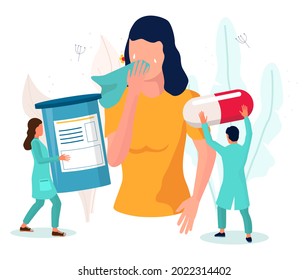 Woman suffering from runny nose, watery eyes, cough, flat vector illustration. Anaphylaxis. Allergy symptoms and treatment.
