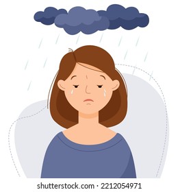 Woman suffering from sadness, upset and depression. Girl cry, tears.Vector flat illustration