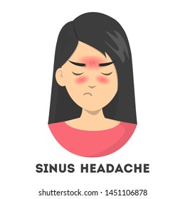 Woman suffering from the sinus headache. Nasal infection, medical condition. Pain in the head because of the respiratory disease. Isolated vector illustration in cartoon style