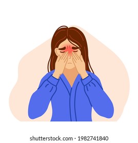 Woman suffering from sinus headache, pressing hands to bridge of nose. Sinusitis, nasal infection, respiratory disease. Vector hand-drawn character.