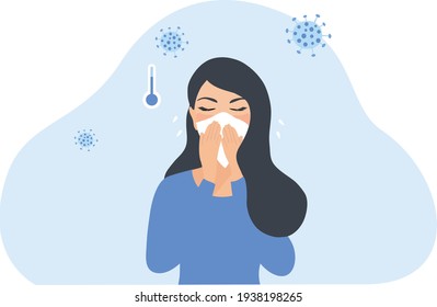 Woman suffering from sneezing, coughing and fever from covid-19 coronavirus vector illustration