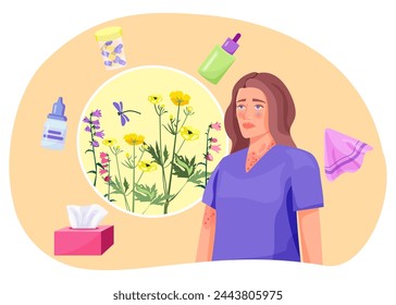 Woman suffering from spring allergies vector illustration. Flowers allergens, handkerchiefs, pills, nasal and eye drops. Seasonal allergies concept.