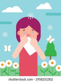 Woman suffering from spring allergy or hay fever blowing nose