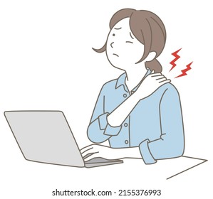 A woman suffering from stiff shoulders at desk work