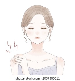 A woman suffering from stiff shoulders. On a white background. Cute and simple art style.