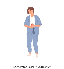 Woman suffering from stomach ache and holding her hands on belly. Person with abdominal pain. Stomachache or discomfort during menstrual period. Colored flat vector illustration isolated on white