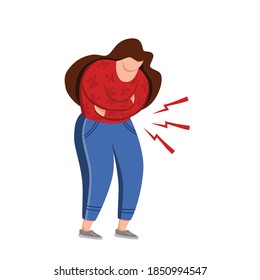 Woman suffering from stomach pain vector illustration. Girl feel stomach ache chronic gastritis pressing hands on her abdomen. Lady having menstrual belly period pain, health problems concept.