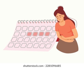 Woman suffering from stomachache, abdominal pain. Female period problems. Girl having period, premenstrual syndrome, PMS, menstruation, calendar.