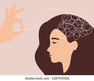 Woman suffering from stress and depression get a help. Girl with tangled negative thoughts gets support from a psychologist. Mental health disorders and psychological problems concept. Vector stock.