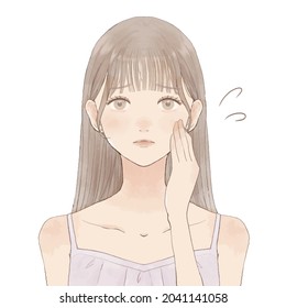 A woman suffering from sunburn. On a white background.