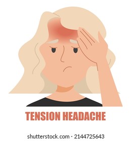 Woman suffering from the tension headache vector isolated. Tired woman, stress and fatigue. Pain in the head. Problem with health. Unhappy girl with headache.
