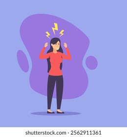 Woman suffering from terrible headache vector illustration. Sad girl touching head, experiencing stress. Healthcare, illness, depression and personal burnout concept