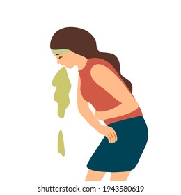 Woman suffering from vomit in flat design. Nausea throwing up from food poisoning, pregnancy symptom or drunk.