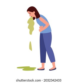 Woman Suffering From Vomit In Flat Design. Nausea Throwing Up From Food Poisoning Symptom Or Drunk.