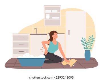 Woman suffers from back pain. Young girl washes floor and holds on to lower back. Overloaded hostess do household chores. Cleanliness and hygiene. Trauma and illness. Cartoon flat vector illustration