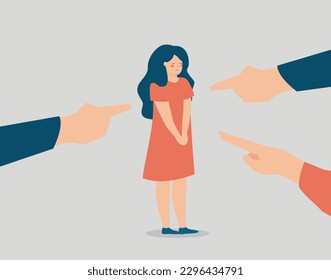 Woman suffers from bullying and defends herself from abusers. Victim gets abused and blamed by people who points fingers on her. Stop violence, abuse and hate against women. Vector illustration