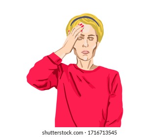 Woman suffers cartoon style illustration. Young woman with a headache, migraine or fever. The girl holds her hand on her forehead, her eyes are closed, she is ill.Blonde hair woman is dizzy. 