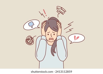 Woman suffers from digital addiction or cyberbullying and screams, clutching head after receiving dislike or bad comment. Problem of cyberbullying in adolescents causing stress and depression