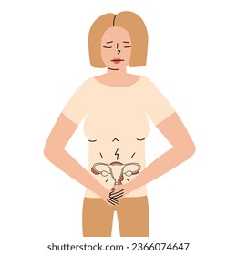 A woman suffers from endometriosis, pain in the lower abdomen. Vector illustration in hand drawn style.