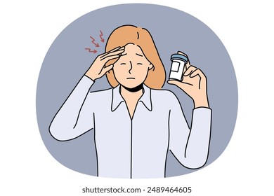 Woman suffers from headache and demonstrates package of medicines to cope with migraine. Girl with migraine or dizziness needs help of pharmacist and doctor due to termination of pills