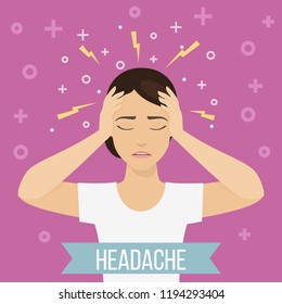 Woman suffers from headache and migraine. Female feels pain in her head. Vector