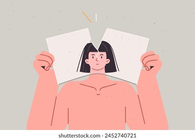 Woman suffers from identity crisis caused by psychological trauma and tears up portrait that hides own face. Identity crisis causes mental distress and lack of motivation for self-improvement