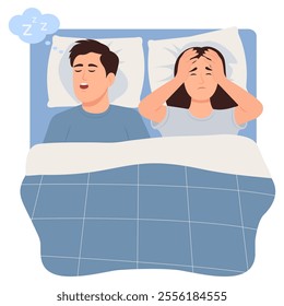 Woman suffers insomnia because of man snores loudly. Sleep apnea, snore health problem. Vector Illustration