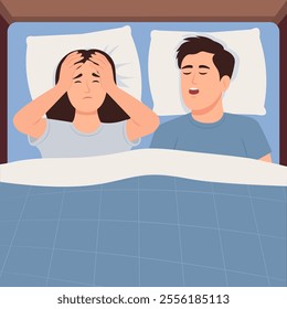 Woman suffers insomnia because of man snores loudly. Sleep apnea, snore health problem. Vector Illustration