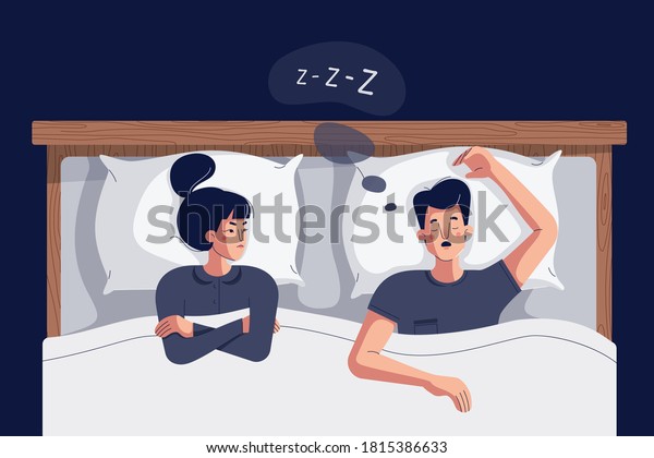 Woman suffers insomnia because of snoring man in\
bed. Husband snores loudly and angry frustrated wife can not sleep\
because of noise snoring. Vector illustration of cartoon couple in\
bed, flat design