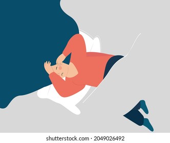 Woman suffers from insomnia and had difficulty to sleep. Girl lying on bed can't fall asleep. Female touches her head because of headaches. Mental health disorders, sleep disorder. Vector illustration