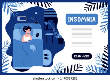 A woman suffers from insomnia lying in a bedroom at night with a discharged battery and sad smiles. Sleeplessness concept. Flat vector illustration. Tired face. Insomnia landing page template.