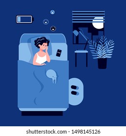 A woman suffers from insomnia lying in a bedroom at night with a discharged battery. Stress, depression, disorder, nightmares. Biological rhythms disturbance. Insomnia concept Flat vector illustration