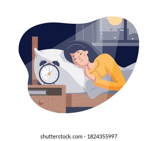 Woman suffers from insomnia. Sleepless girl lying on bed with open eyes. Tired insomniac character trying to fall asleep in night moonlighted bedroom. Closed vector illustration, flat cartoon style