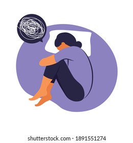 Woman suffers from insomnia stress. She lies in bed and thinks. Concept illustration of depression, insomnia, frustration, loneliness, problems. Flat vector.