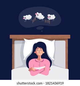 Woman suffers from insomnia. Unhappy, sad, tired girl lying in bed, trying to fall asleep and counting sheep. Sleep disorder vector illustration. Female character in flat cartoon style