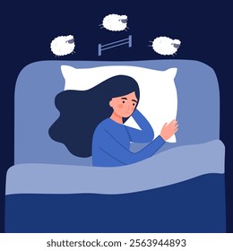 Woman suffers from insomnia. Unhappy, sad, tired girl lying in bed, trying to fall asleep and counting sheep. Sleep disorder vector illustration. 