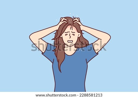 Woman suffers from itchy head after fungal infection and dandruff associated with poor-quality hair shampoo. Girl needs trip to dermatologist and use of new hygiene products or medicines for dandruff Foto stock © 