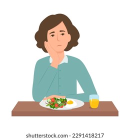 Woman suffers from lack of appetite. Girl isn't  hungry. Female unable to eat. Anorexia, eating disorder.Vector illustration