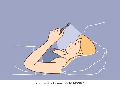 Woman suffers from mobile phone addiction using gadget lying in bed and refusing to sleep. Girl with smartphone in bedroom under covers reads news in smartphone experiencing information addiction