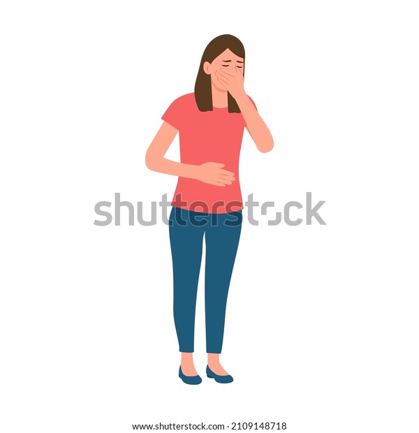 The woman suffers\
from nausea. Nausea during pregnancy, vomiting. Symptom of illness,\
health problems. Poisoning,Abdominal pain.Isolated flat vector\
illustration