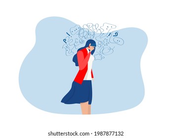 woman suffers from obsessive thoughts  headache  unresolved issues  psychological trauma  depression Mental stress panic mind disorder illustration Flat vector illustration 
