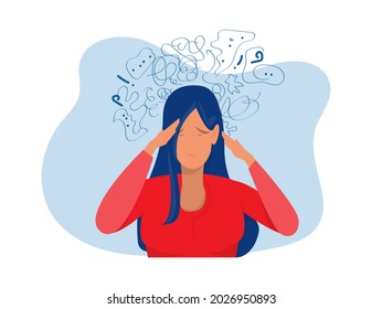 woman suffers from obsessive thoughts  headache  unresolved issues  psychological trauma  depression Mental stress panic mind disorder illustration Flat vector illustration 