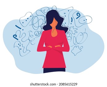 woman suffers from obsessive thoughts; headache; unresolved issues; psychological trauma; depression.Mental stress panic mind disorder illustration Flat vector illustration.