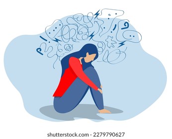 woman suffers from obsessive thoughts; headache; unresolved issues; psychological trauma; depression Mental stress panic mind disorder illustration Flat vector illustration 