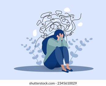 woman suffers from obsessive thoughts; headache; unresolved issues; psychological trauma; depression Mental stress panic mind disorder illustration Flat vector illustration 
