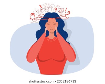 woman suffers from obsessive thoughts; headache; unresolved issues; psychological trauma; depression Mental stress panic mind disorder illustration Flat vector illustration 