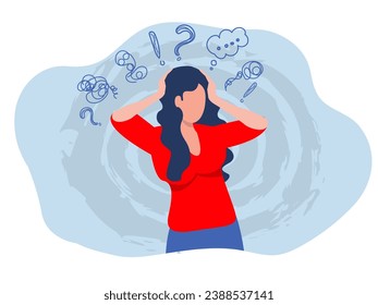 woman suffers from obsessive thoughts; headache; unresolved issues; psychological trauma; depression.Mental stress panic mind disorder illustration Flat vector illustration.