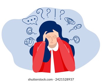 woman suffers from obsessive thoughts; headache; unresolved issues; psychological trauma; depression.Mental stress panic mind disorder illustration Flat vector illustration