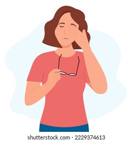 Woman suffers from sore eyes. Inflammation and sharp pain in eyes.  Redness eyes. Conjunctivitis, infection and allergies symptom. Vector illustration.